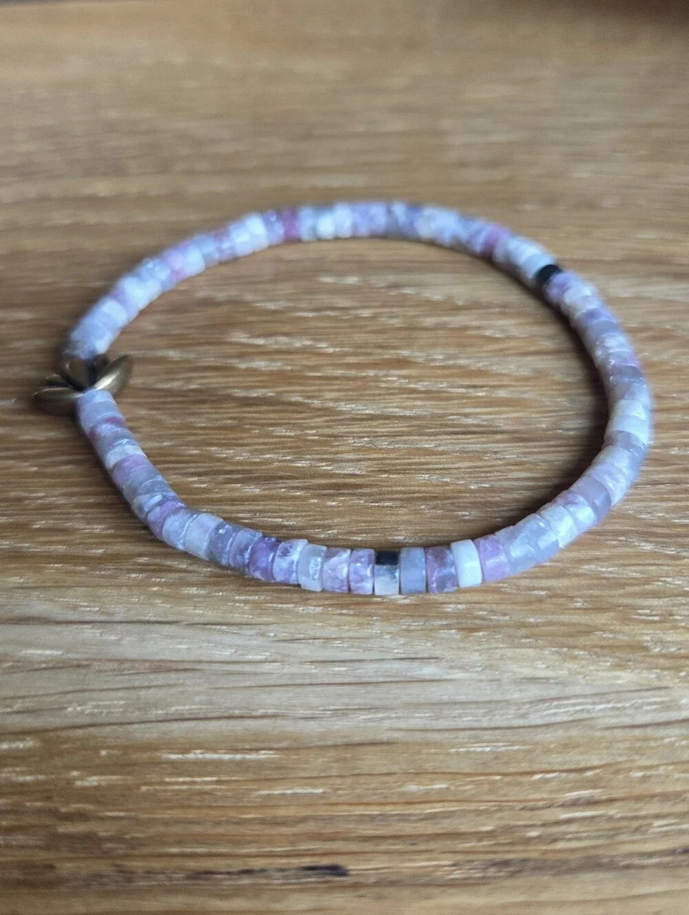 Tourmaline & Lepidolite Beaded Stretch Bracelet with Lotus Accent | Handmade